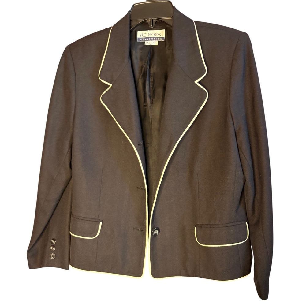 JG‎ Hook Collection Womens Black Silk Wool Herringbone Blazer Contrast Piping 14